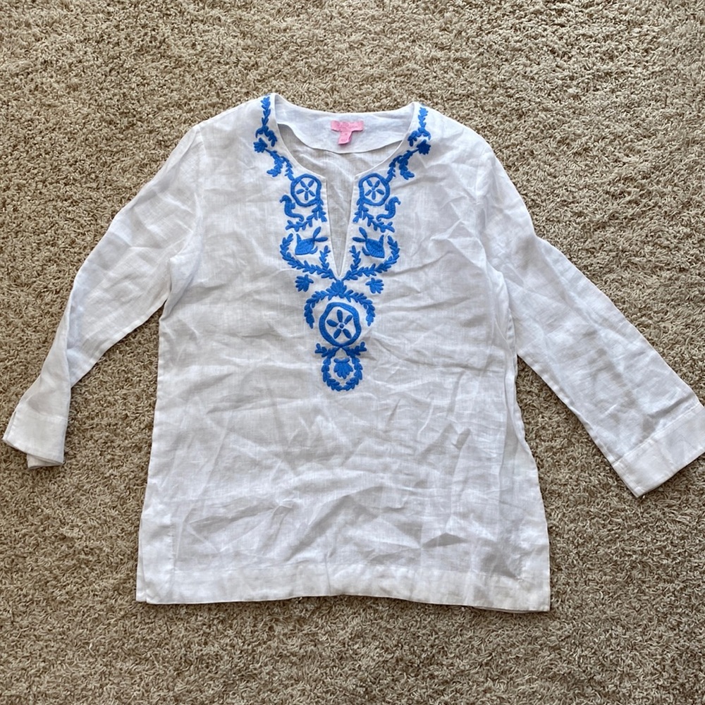 Lilly Pulitzer Amelia Island White Linen Blue Embroidered Tunic Top M